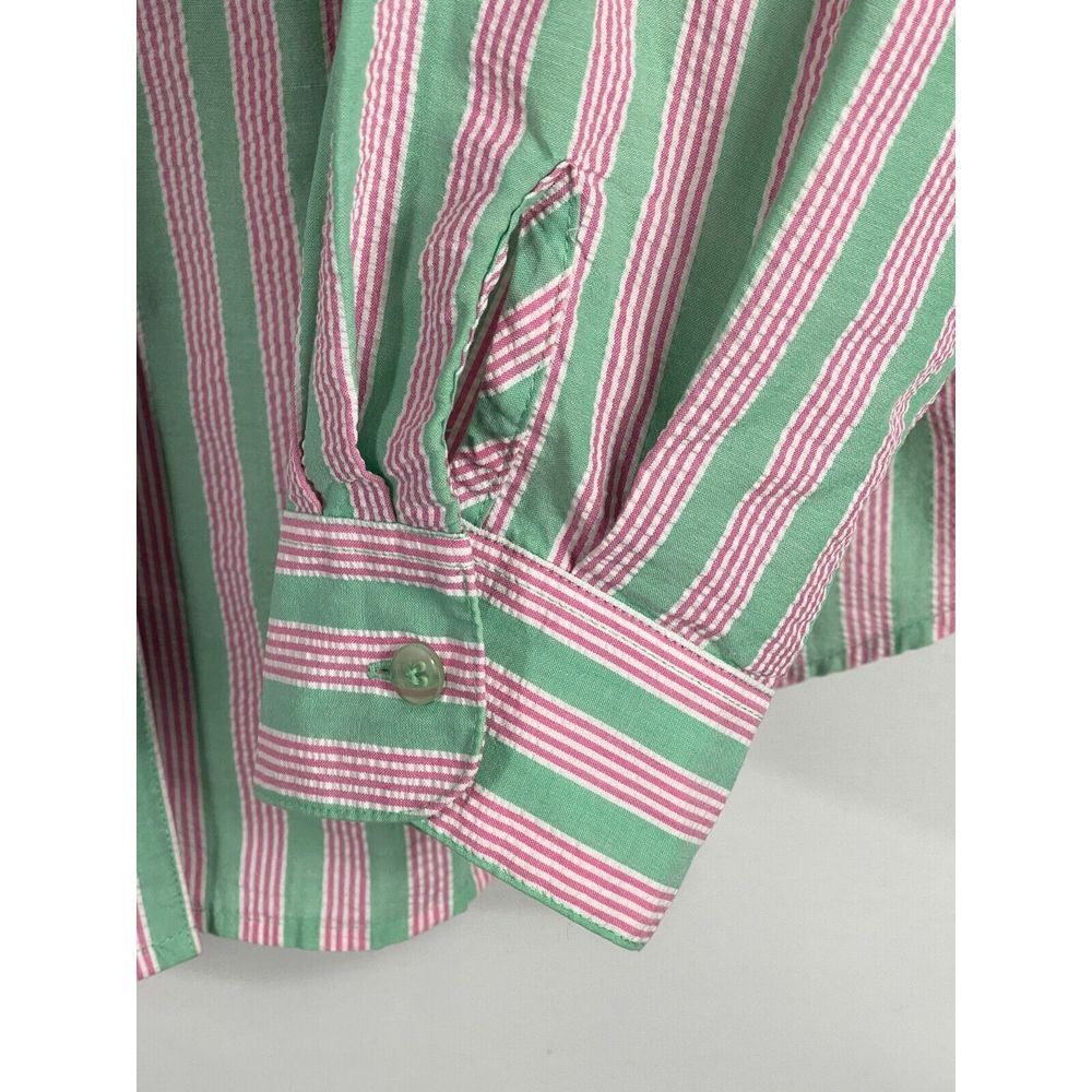 Foxcroft Women's 14P Shaped Fit Green Pink White Striped Long Sleeve Shirt - Picture 8 of 10